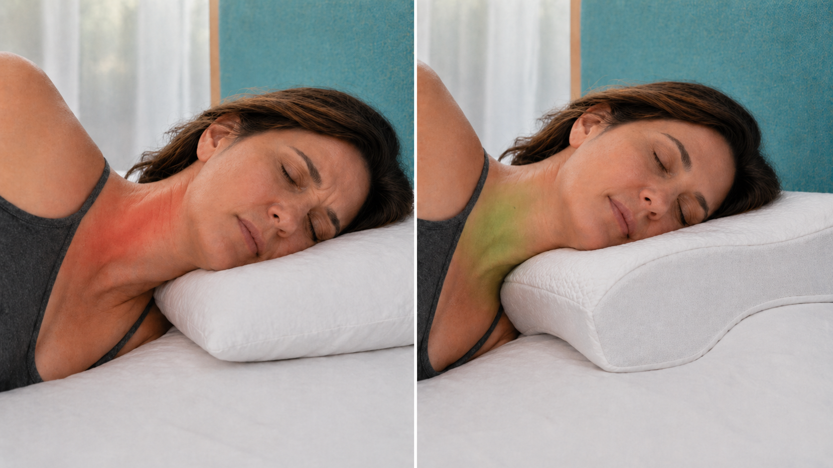 Side-by-side comparison showing neck strain on a flat pillow and improved neck support with the Groove pillow