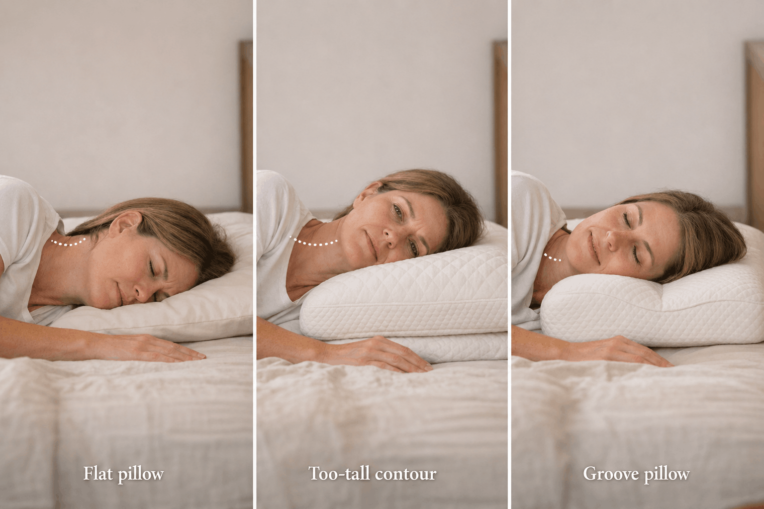 Standard flat pillow tilting the neck and crushing the shoulder next to the Original Groove Pillow keeping the neck level with a shoulder underhang
