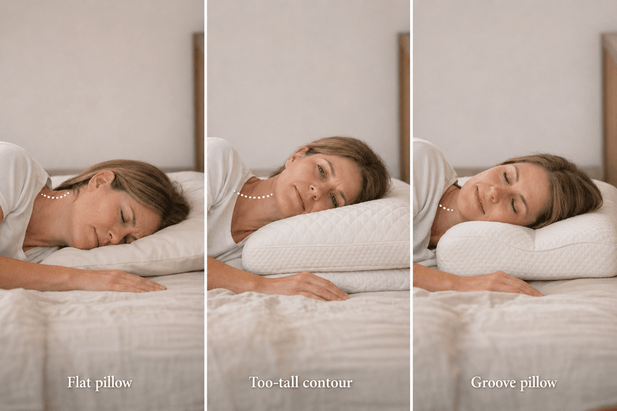 Flat pillow bends the neck down, too-tall contour pillow bends the neck up, and a curved shoulder-clearance pillow helps keep the neck level